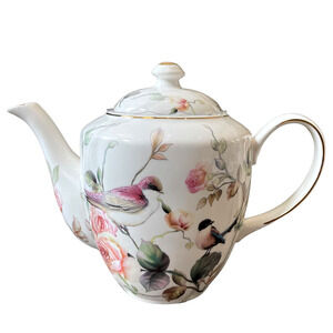 Grace Teaware Fine Porcelain Teapot Very Elegant Floral & Birds 7.5" Tall NEW